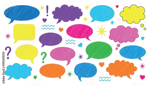 Foto Colorful collection of hand drawn speech bubbles and thought bubbles in various
