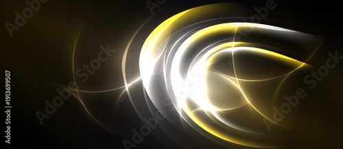 Abstract golden light curves swirl, creating dynamic energy. Brightness contrasts against dark background, evoking futuristic feel.
