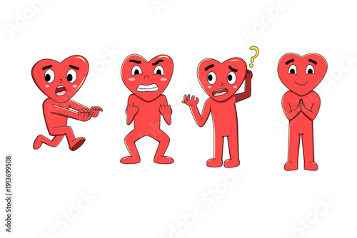 Set of 4 Red Love Characters with Different Facial Expressions Cute Valentine Illustration