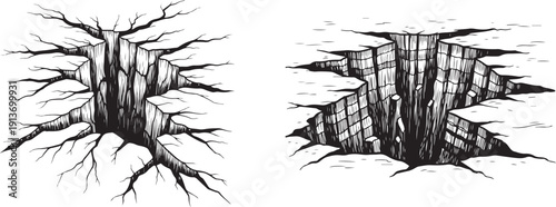 Ground Crack Sinkhole and Earthquake Damage Black and White Engraving. Ground cracks vector icon set.