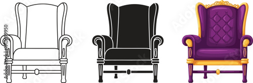 Collection of wingback armchair icons including outline silhouette and royal purple design for interior decoration and graphic elements