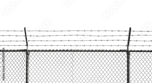 Chain Link Fence with Barbed Wire on Transparent Background