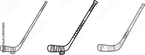Hockey Stick Set Black and White Hand Drawn Illustration. Hockey Stick Silhouette Set. Vintage Sports Equipment Design For Ice Hockey Enthusiasts. Isolated Vector Illustration Collection
