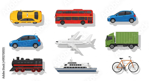 Collection of various transportation vehicles and modes of travel.