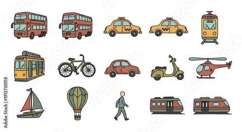Collection of various transportation vehicles and modes of travel.