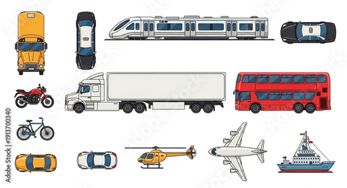 Collection of various transportation vehicles and modes of transport.