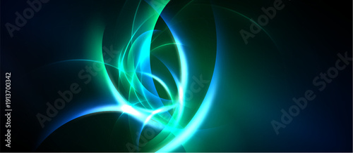 Abstract swirls, vibrant blues, greens dominate dark background. Energetic lines create dynamic, flowing composition. Light radiates, forming captivating visual effect.