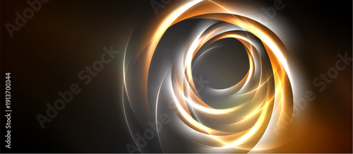 Abstract swirls, golden hues, dark background. Dynamic energy radiates from central point, creating visual impact.