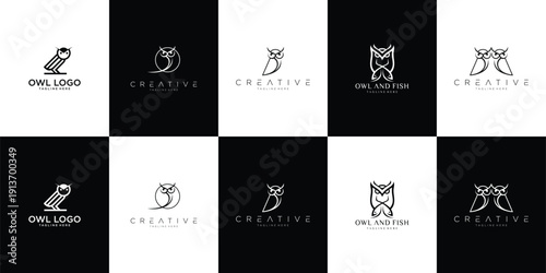 Owl wisdom wildlife illustration logo set collection with clean minimal style vector logo, representing knowledge, night vision, and nature concept.