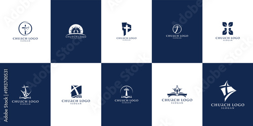 church logo design collection. Bible Church logo design vector. Cross and Holy Bible logo collection