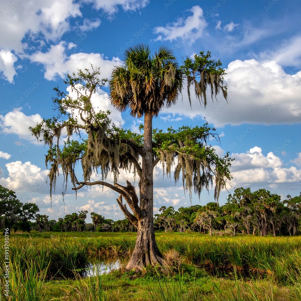 Obraz premium Majestic tree with hanging moss in a marshy landscape under a blue sky