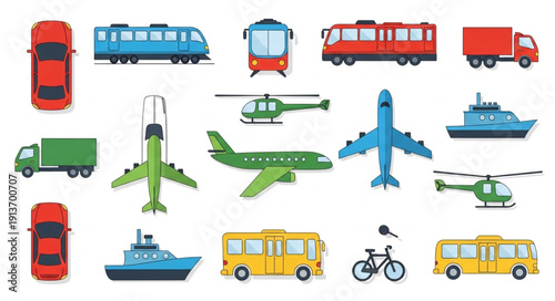 Collection of various transportation vehicles and modes of travel.