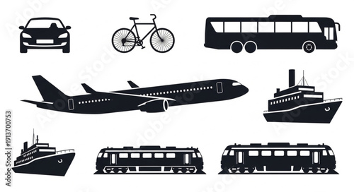 Collection of various transportation vehicles and modes of travel.