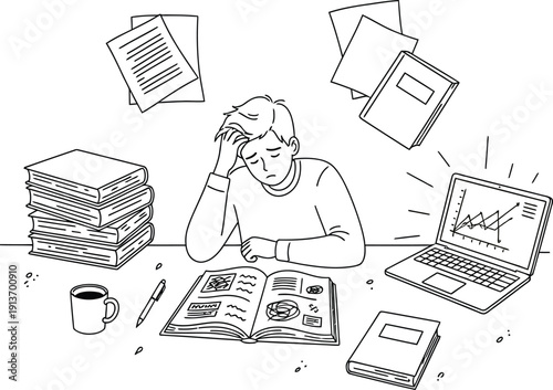 Stressed student feeling overwhelmed while studying with many books and a laptop at a desk
