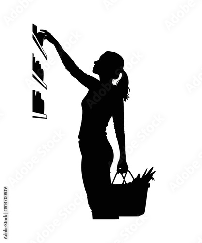 Silhouette Woman Organizing Bookshelf with Basket of Cleaning Supplies in Modern Home