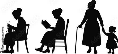Elderly Woman Silhouette Set Showing Knitting, Reading Book and Walking with Cane and Child Isolated on White Background, flat vector illustration