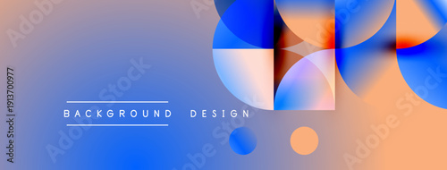 Abstract gradient background features overlapping circles, squares. Modern design elements create vibrant visual appeal. Text reads background design.