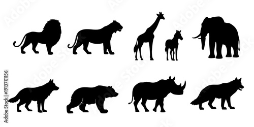 Diverse animal silhouettes showcasing wildlife from various species and habitats in a graphic illustration