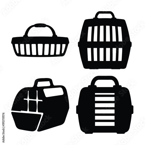 A collection of four diverse pet carrier and transport basket silhouettes for animal travel