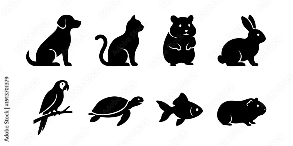 Obraz premium Collection of various animal silhouettes including dog, cat, bear, rabbit, parrot, turtle, fish, and mouse on a clean background.