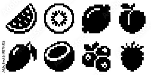 Collection of various fruits depicted in simple, black silhouettes against a plain background from a straightforward viewpoint