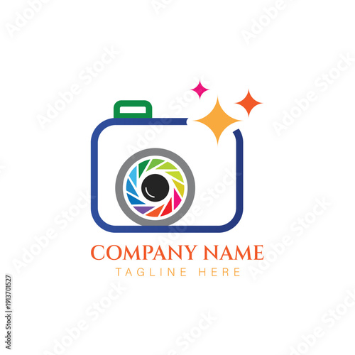 Modern Colorful Camera Logo Design with Rainbow Lens and Sparkle, Creative Photography Studio Icon, Digital Media Branding Vector 