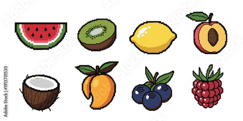 Assorted fruits and nuts arranged in a grid pattern on a clean white background from a direct overhead viewpoint