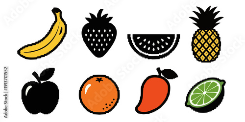 Assorted fruits arranged in a grid pattern on a clean background, viewed from directly above, showcasing a variety of colorful fruits