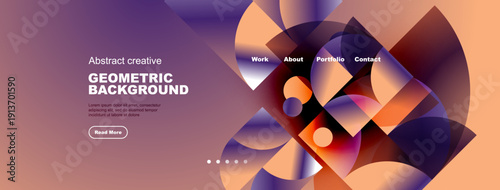 Abstract website mockup features vibrant geometric shapes, text elements, navigation menu. Design utilizes purple, orange hues.