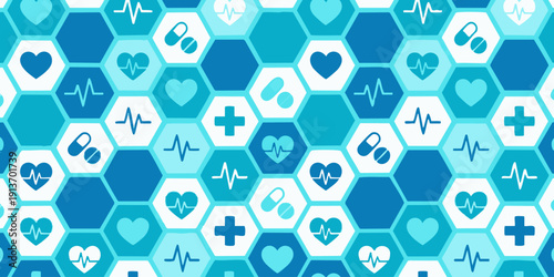 A collection of medical icons arranged in a hexagonal pattern, symbolizing health and wellness