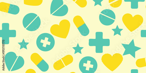 Assorted health-themed icons including hearts, pills, and stars arranged randomly on a pale surface from a directly overhead viewpoint