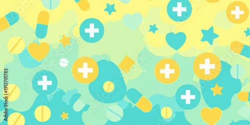 Medical supplies and health symbols scattered on a vibrant background viewed from directly above