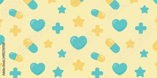 A patterned design featuring hearts, pills, stars, and crosses on a light background viewed from directly above