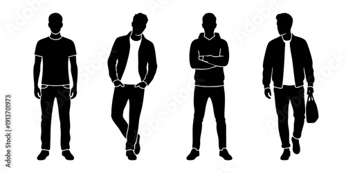 Silhouetted men in various poses standing against a neutral background, showcasing different attire and postures from a straightforward viewpoint