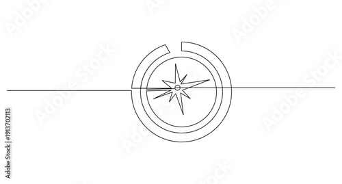 Minimalist one line art of a nautical compass symbol for travel and navigation concepts