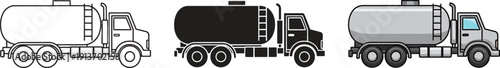 Collection of tanker truck icons representing liquid transport and logistics in various styles ideal for industry and transportation concepts