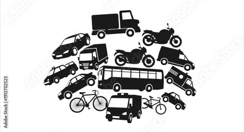 Collection of various transportation vehicles in silhouette.
