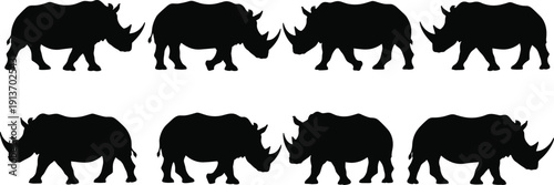 Rhinoceros silhouette set, black rhino side profile collection, African safari wildlife animal vector illustration isolated on white background, endangered species concept
