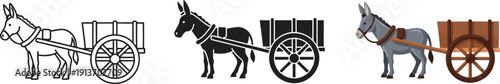 Collection of donkey and cart icons representing historical transport and rural life in various styles including outline silhouette and color vector art