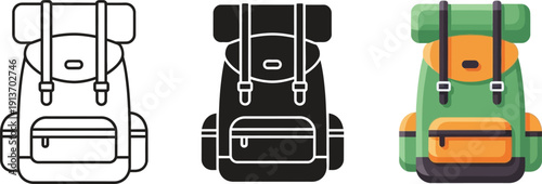 Collection of backpack icons including outline silhouette and colorful flat design for travel and adventure concepts