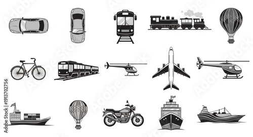 Collection of various transportation vehicles and modes of travel.