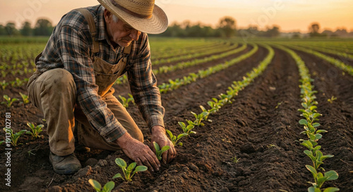 Senior farmer planting young seedlings in cultivated crop rows at sunset. Sustainable farming and rural agricultural work concept.