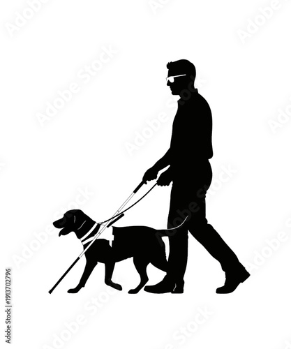Silhouette of man walking guide dog on leash in urban park during sunset silhouette
