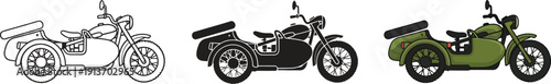 Collection of vintage motorcycle with sidecar icons including line art silhouette and full color isolated on white background
