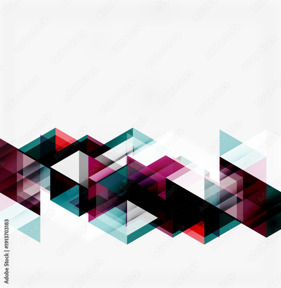 Fototapeta premium Abstract geometric design. Triangles overlap, creating dynamic visual texture. Colors include red, teal, purple, black, white.