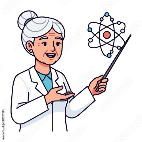 Female scientist explaining atomic structure in lab vector illustration