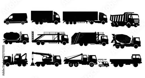 Collection of various truck silhouettes for logistics and construction.