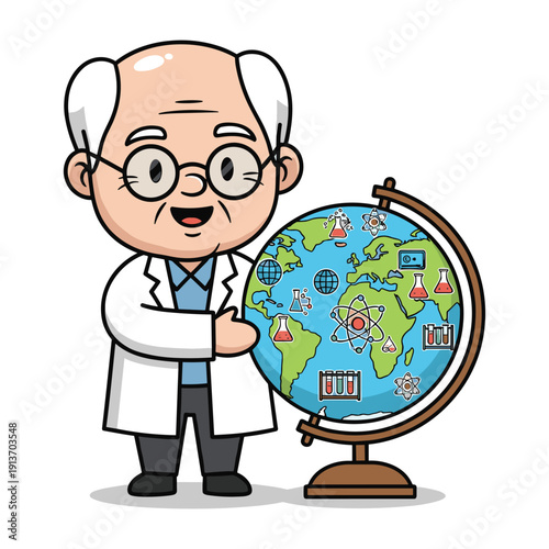 Cartoon scientist with global research on world map vector illustration