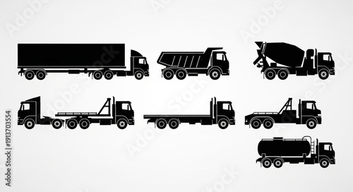 Collection of various truck silhouettes for transportation and industry.