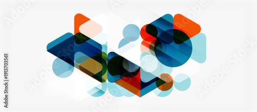 Abstract geometric shapes overlap, creating vibrant color blends. Blue, orange, light shades dominate composition. Modern design element.